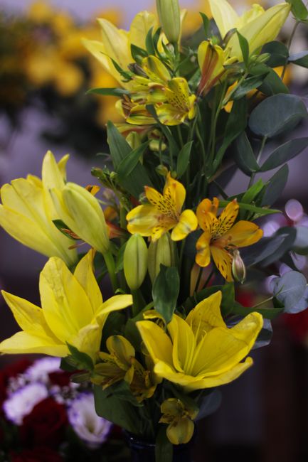 A tall floral arrangement featuring vibrant yellow lilies and yellow alstroemerias with spotted markings, complemented by lush green foliage. The flowers are arranged in a clear glass vase, highlighti