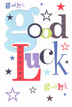This vibrant good luck card, seen gracing the counter at Barkingside Flowers, lives at the intersection of artistry and heartfelt sentiment. Each letter is crafted with the precision and care of a true designer, splashed in joyful blues, lively reds, and sophisticated violets. The playful yet confident arrangement of fonts instantly draws the eye, with a prominent baby-blue 'g' setting a buoyant tone amidst a chorus of bold and elegant characters. Against its brilliant white background, an array of stars shimmers-navy, indigo, sky blue, hints of lavender-like a scattering of Barkingside's own hopes, echoing the twinkling streetlights on Cranbrook Road during a festive evening stroll. The overall energy is infectious, with every colour carefully balanced to deliver more than mere words-there's a tangible sense of optimism, a wave of encouragement that anticipates success and celebrates potential. Running your fingers along the card, you're met with the pleasing smoothness of premium stock, the texture reminiscent of hand-finished touches treasured by our community. Perfect for milestones-a new role at King George Hospital, an exam at a local college, or the start of an exciting journey-this card brings the assurance that support is close at hand here in Barkingside. With its modern flourishes and heartfelt design, it seems to carry the gentle promise that luck is truly on your side, just as neighbours and friends are in our vibrant corner of East London.